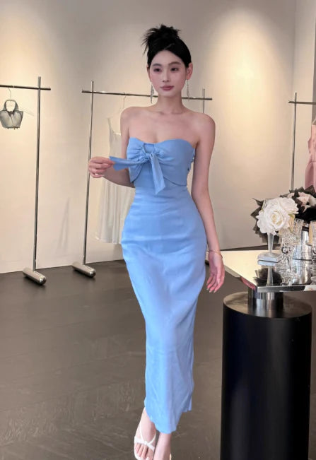 Elegant Sheath Strapless Tie Bust Satin Blue Long Evening Dresses