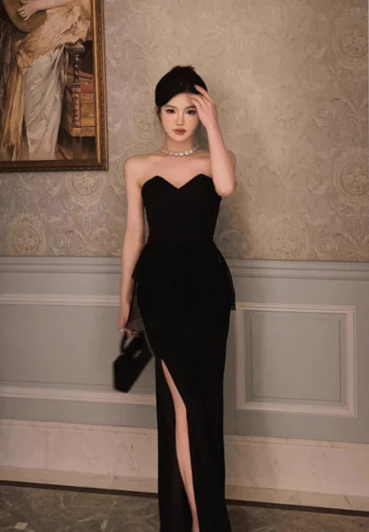 Elegant Sheath Sweetheart Neck Black Long Evening Dress With High Slit