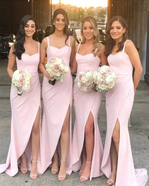 Elegant Sheath Sweetheart Pink Long Bridesmaid Dresses With Slit