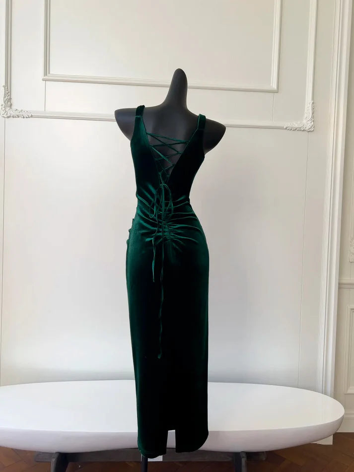 Elegant Sheath Sweetheart Pleated Tie Velvet Green Long Party Dress