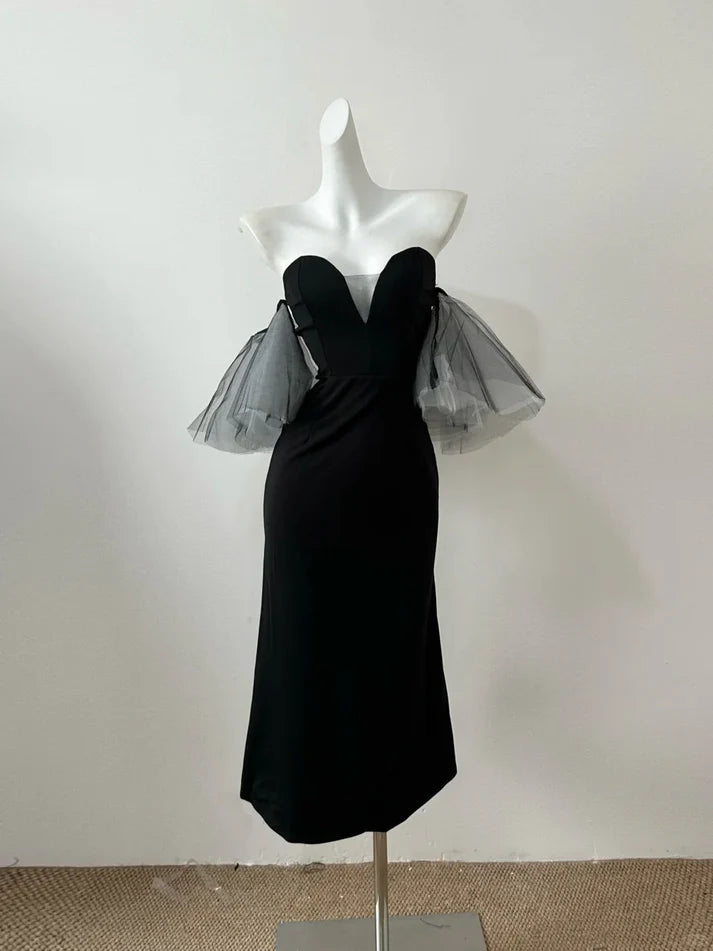 Elegant Sheath Sweetheart Short Sleeve Satin Black Midi Party Dress