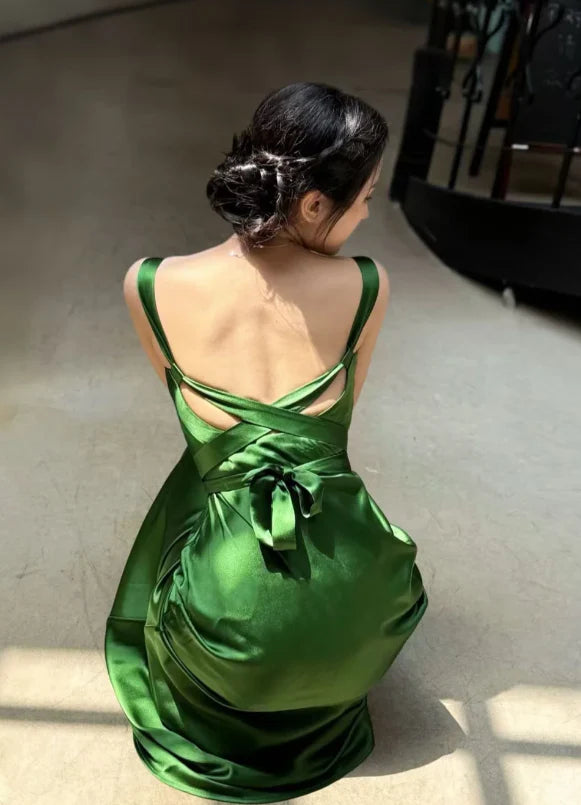 Elegant Sheath V-Neck Satin Dark Green Evening Dresses Formal Dresses