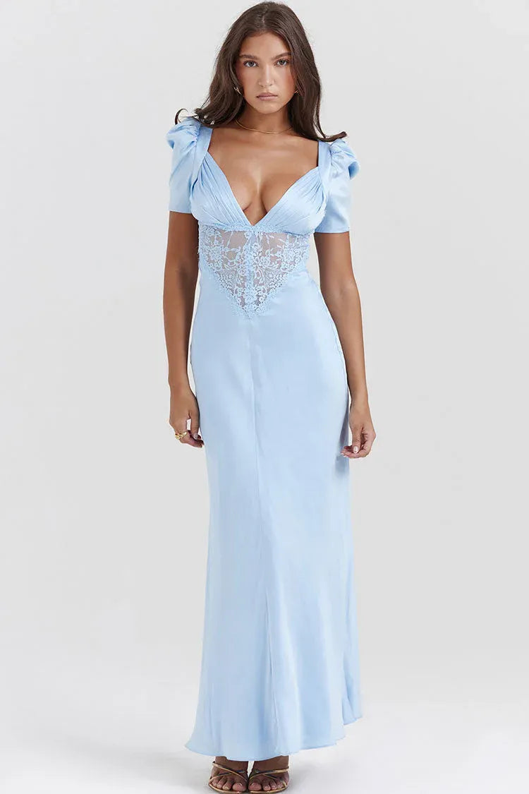 Elegant Sheath V-Neck Short-Sleeve Lace-Accent Light Blue Long Prom Dress for Women Ready to Ship