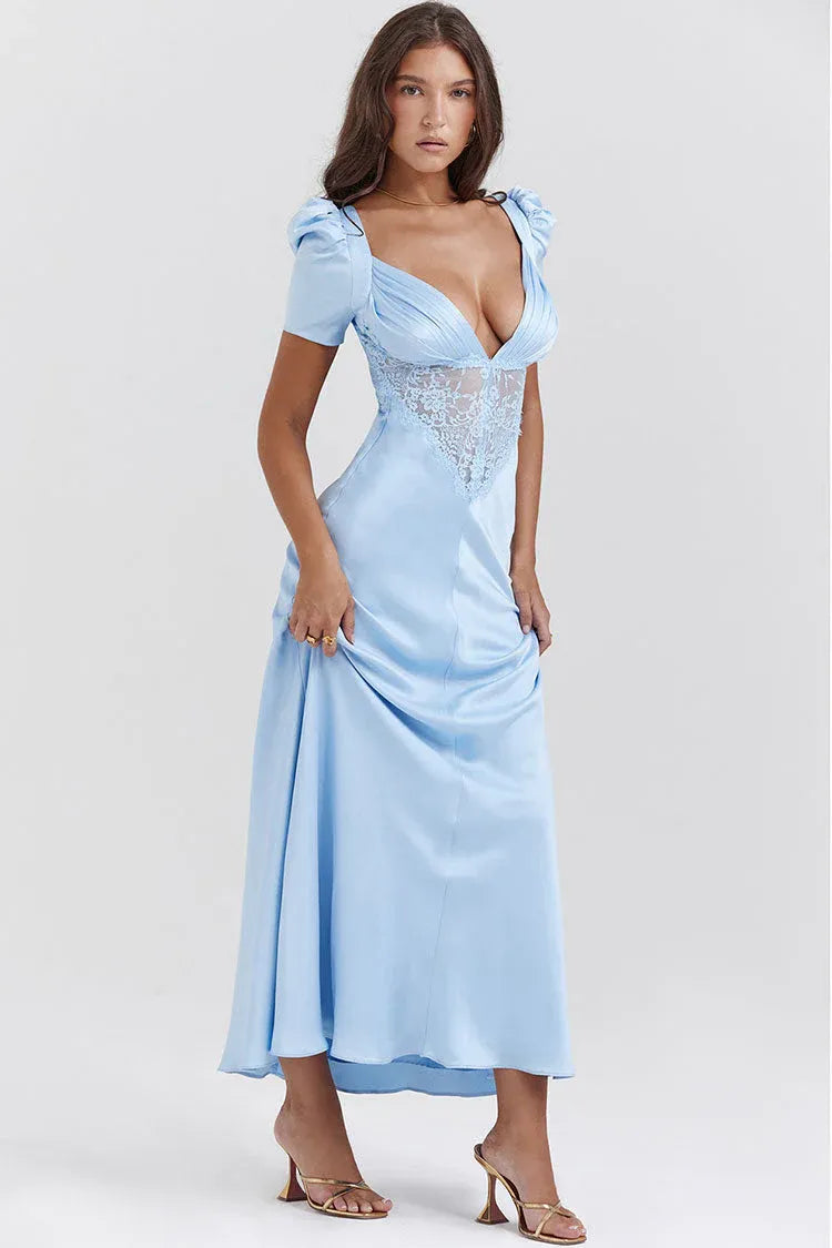 Elegant Sheath V-Neck Short-Sleeve Lace-Accent Light Blue Long Prom Dress for Women Ready to Ship