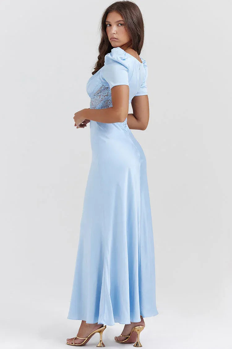 Elegant Sheath V-Neck Short-Sleeve Lace-Accent Light Blue Long Prom Dress for Women Ready to Ship