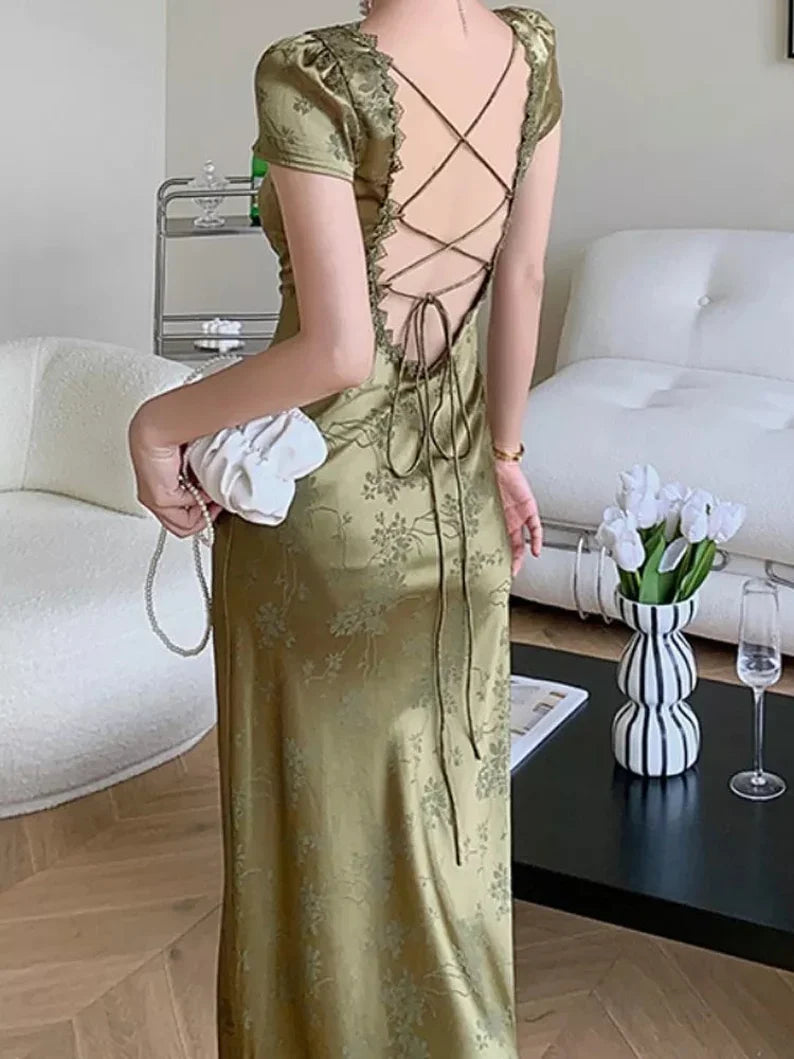 Elegant Sheath V-Neck Short Sleeve Lace Satin Green Maxi Prom Dress