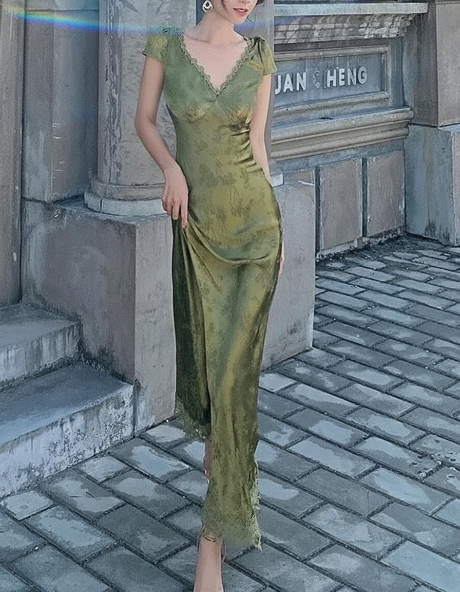 Elegant Sheath V-Neck Short Sleeve Lace Satin Green Maxi Prom Dress