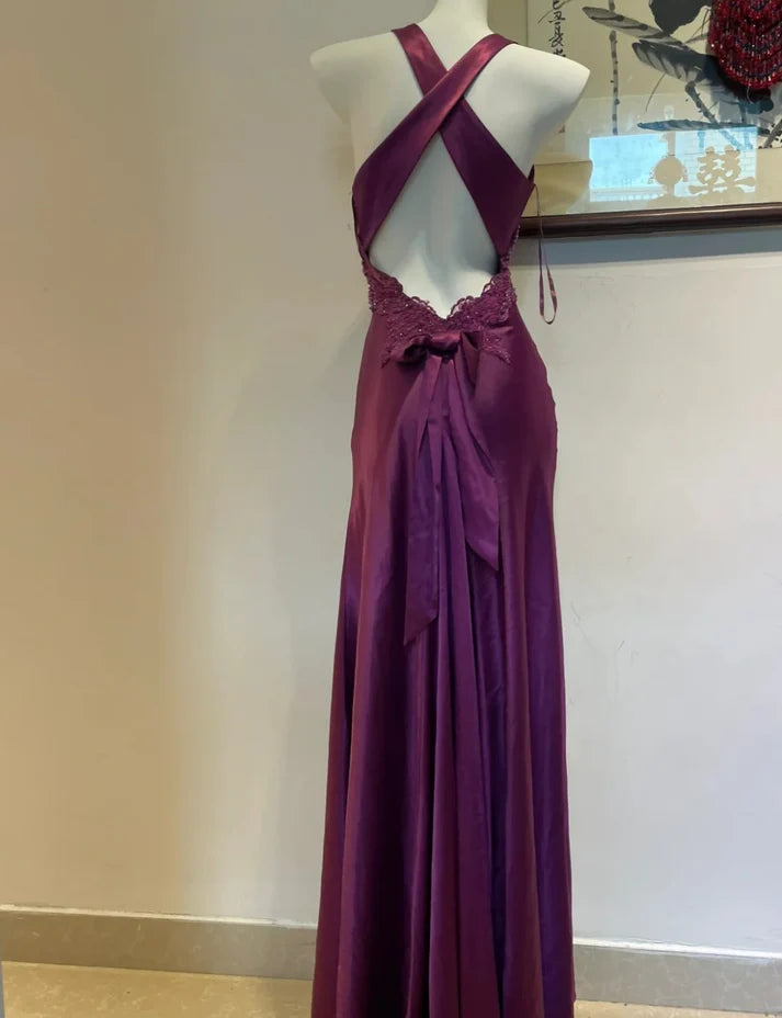 Elegant Sheath V-neck Applique Satin Purple Evening Dress Prom Dress