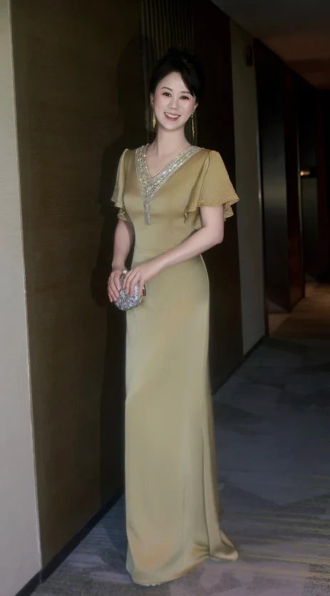 Elegant Sheath V-neck Rhinestone Satin Olive Green Mother of the Bride Dress