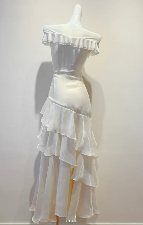 Elegant Sheath V-neck Ruffle Pleated White Long Prom Dress Evening Dress