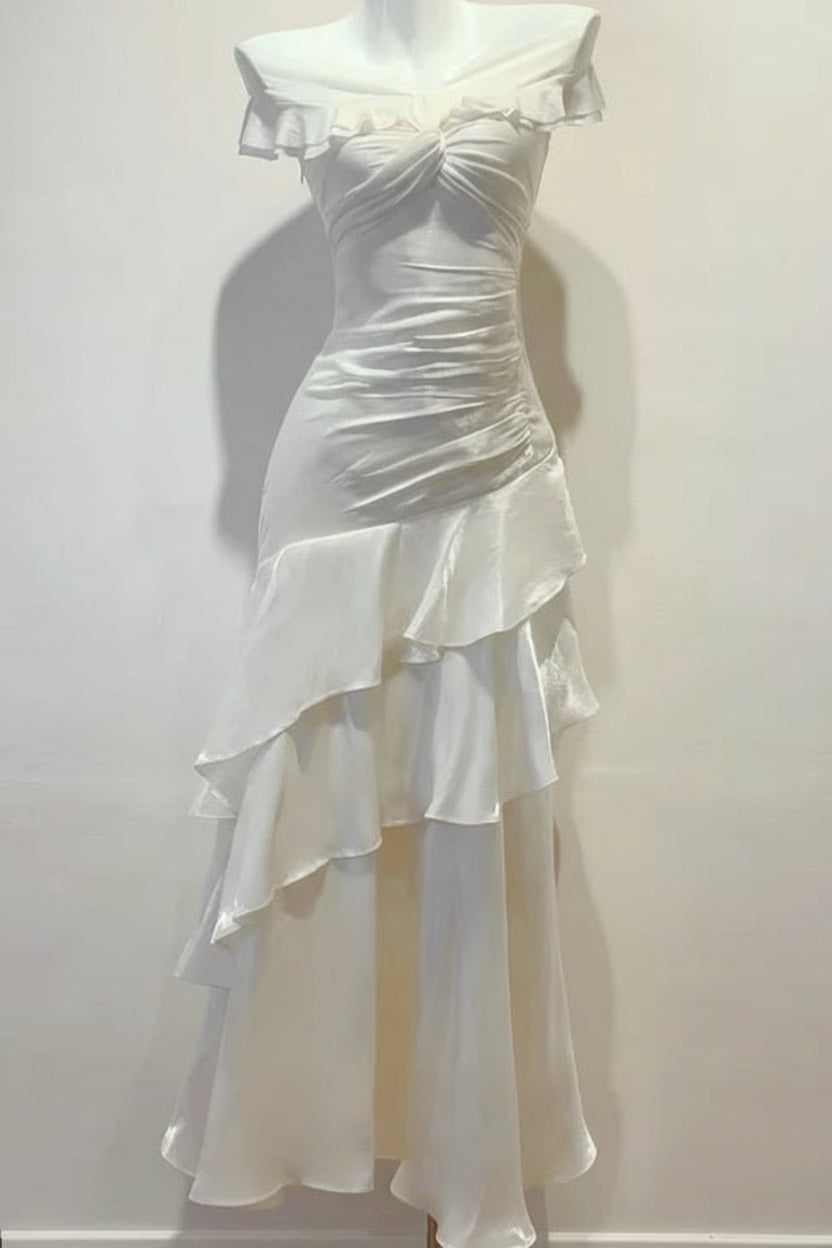 Elegant Sheath V-neck Ruffle Pleated White Long Prom Dress Evening Dress