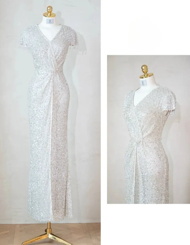 Elegant Sheath V neck Short Sleeves Sequin Silver Mother of the Bride Dresses