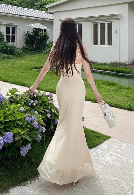 Elegant Spaghetti Strap Chiffon Apricot Long Prom Dresses Evening Dress