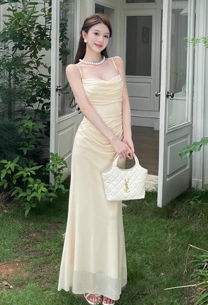 Elegant Spaghetti Strap Chiffon Apricot Long Prom Dresses Evening Dress