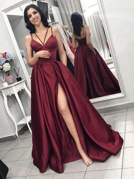 Elegant Spaghetti Strap Satin Burgundy Long Prom Dresses With Side Slit