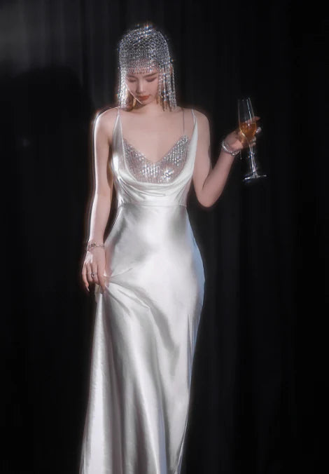 Elegant Spaghetti Strap Sequins Satin White Long Evening Dress Graduation Dress