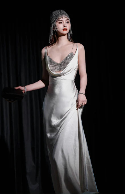 Elegant Spaghetti Strap Sequins Satin White Long Evening Dress Graduation Dress