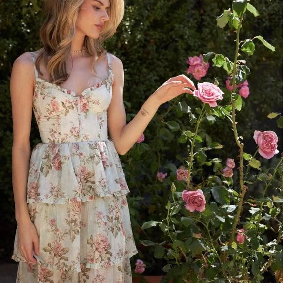 Elegant Spaghetti Straps Floral Tiered Chiffon Long Garden Party Dress