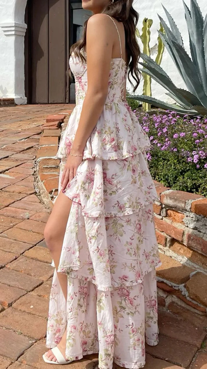 Elegant Spaghetti Straps Floral Tiered Chiffon Long Garden Party Dress