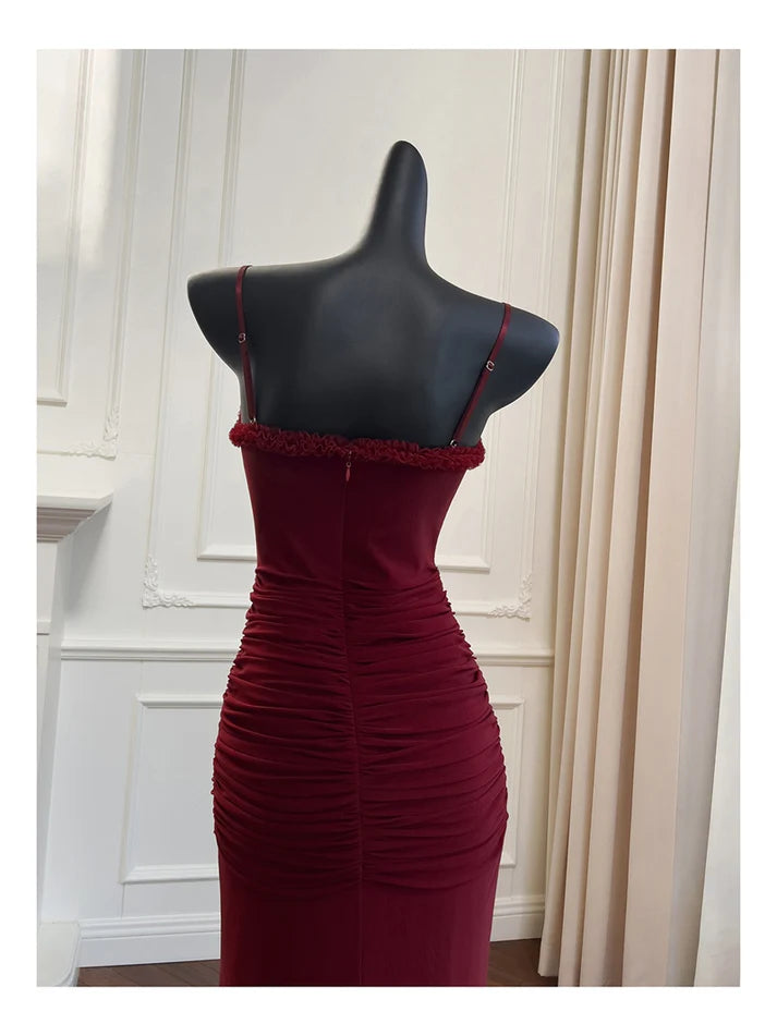 Elegant Spaghetti Straps High Low Chiffon Burgundy Long Evening Dress Prom Dress