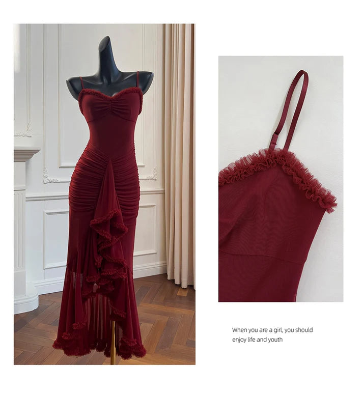 Elegant Spaghetti Straps High Low Chiffon Burgundy Long Evening Dress Prom Dress