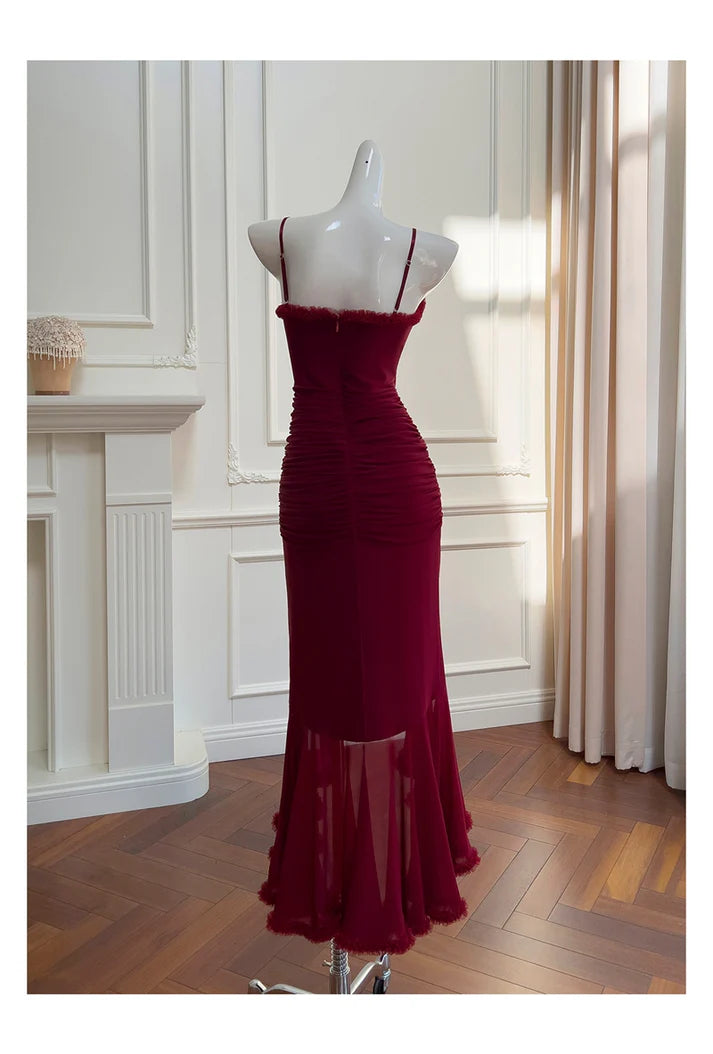 Elegant Spaghetti Straps High Low Chiffon Burgundy Long Evening Dress Prom Dress