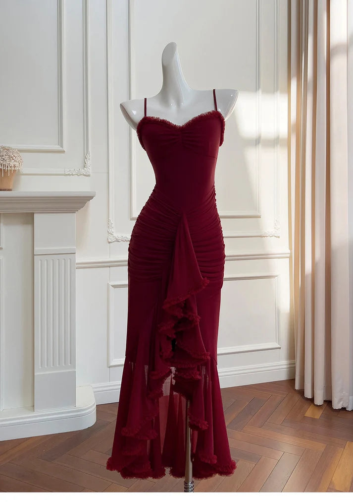 Elegant Spaghetti Straps High Low Chiffon Burgundy Long Evening Dress Prom Dress