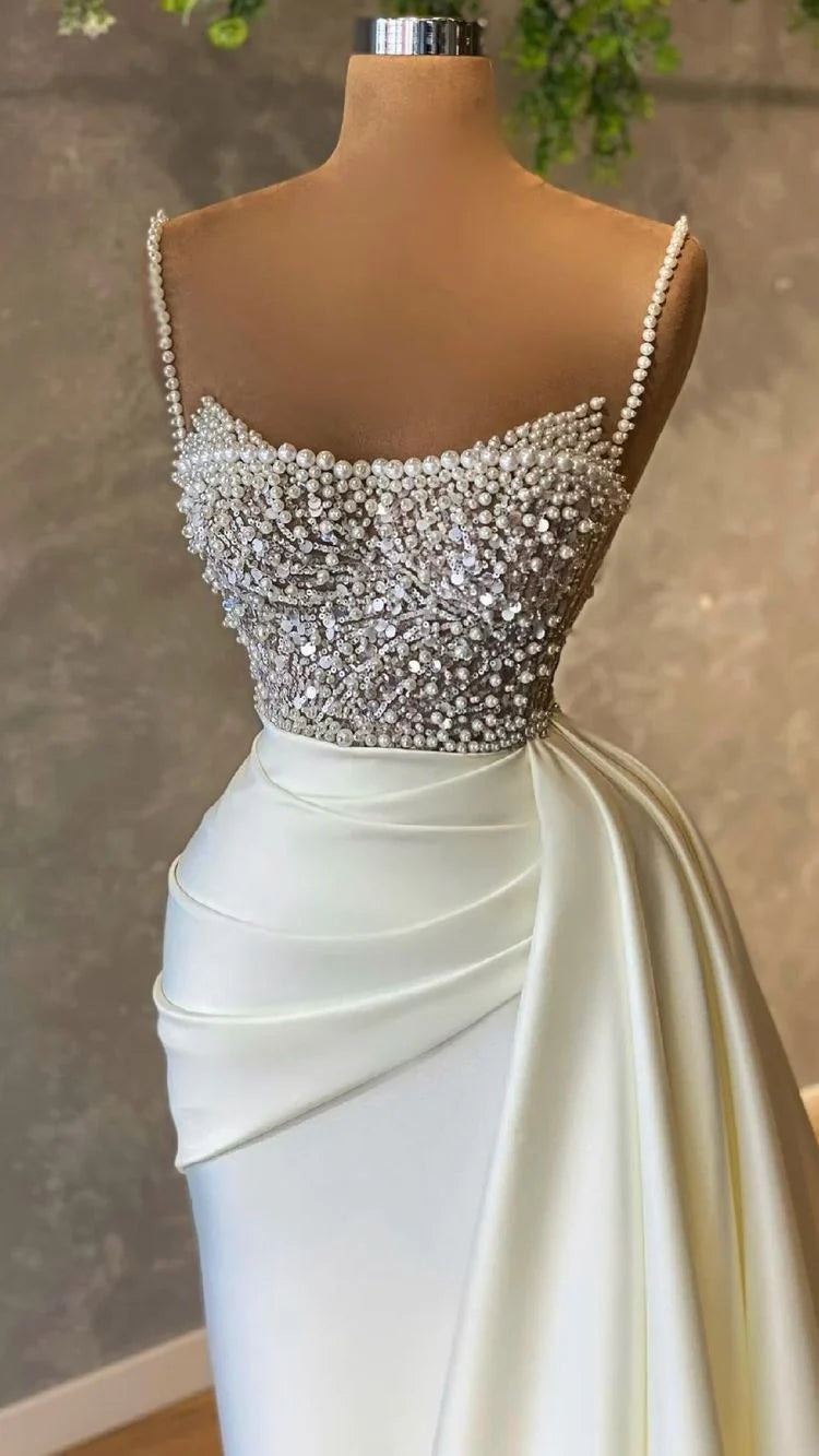 Elegant Spaghetti Straps Pearl Satin Ivory Prom Dress Evening Dress