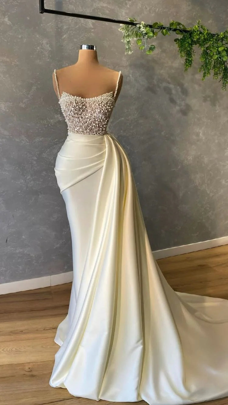 Elegant Spaghetti Straps Pearl Satin Ivory Prom Dress Evening Dress