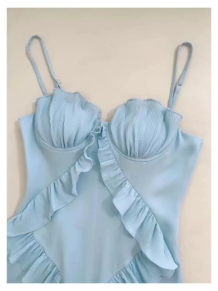 Elegant Spaghetti Straps Ruffle Chiffon Blue Long Evening Dress Prom Dress