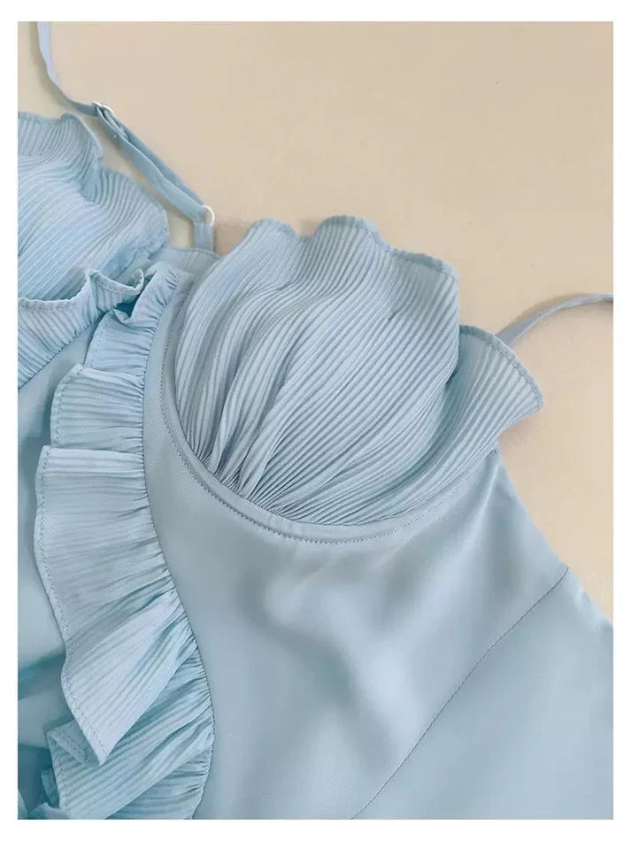 Elegant Spaghetti Straps Ruffle Chiffon Blue Long Evening Dress Prom Dress