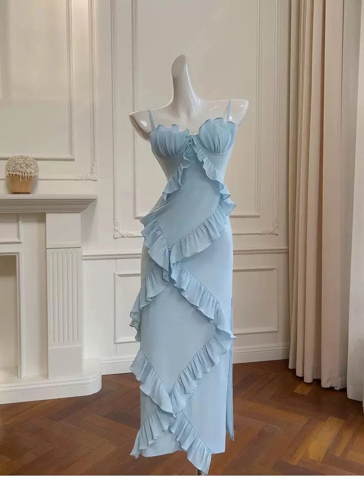 Elegant Spaghetti Straps Ruffle Chiffon Blue Long Evening Dress Prom Dress