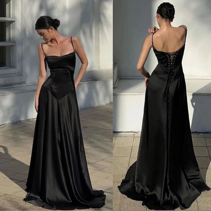 Elegant Spaghetti Straps Satin Black Floor Length Prom Dress Evening Dress