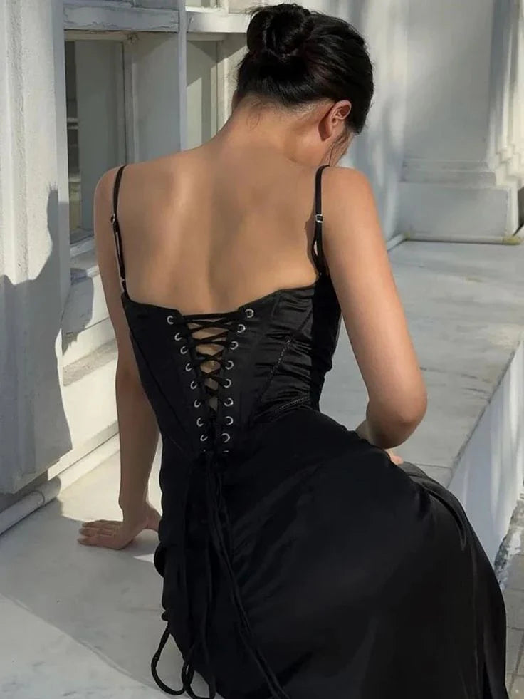 Elegant Spaghetti Straps Satin Black Floor Length Prom Dress Evening Dress