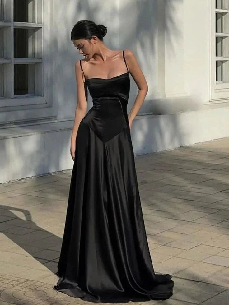 Elegant Spaghetti Straps Satin Black Floor Length Prom Dress Evening Dress