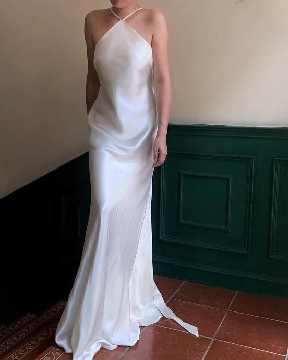 Elegant Spaghetti Straps Satin White Floor Length Prom Dress Evening Dress