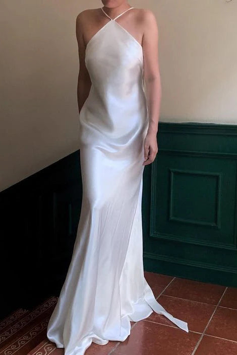 Elegant Spaghetti Straps Satin White Floor Length Prom Dress Evening Dress