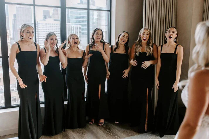 Elegant Square Neck Black Floor Length Bridesmaid Dresses With Slit