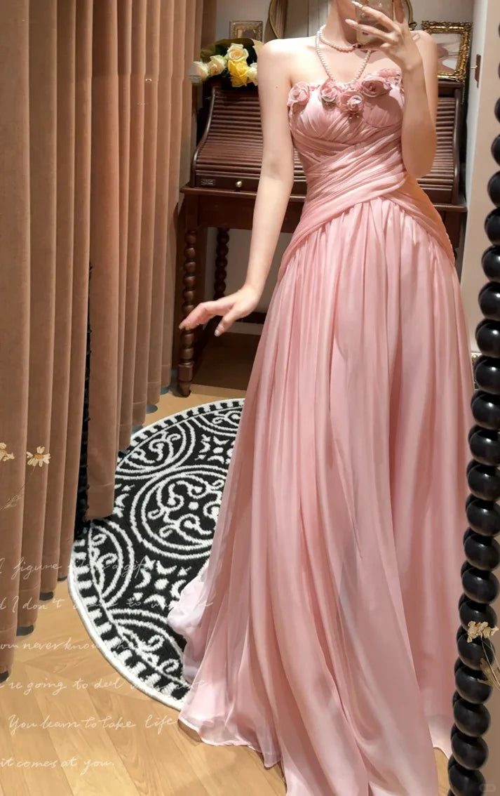 Elegant Strapless 3D Floral Pleated Pink Long Party Dress Custom
