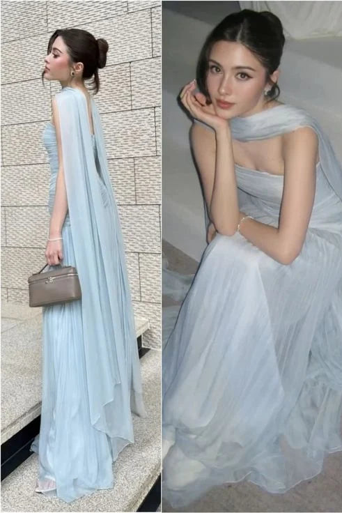 Elegant A-Line Strapless Pleated Tulle Blue Long Prom Dress Evening Dress