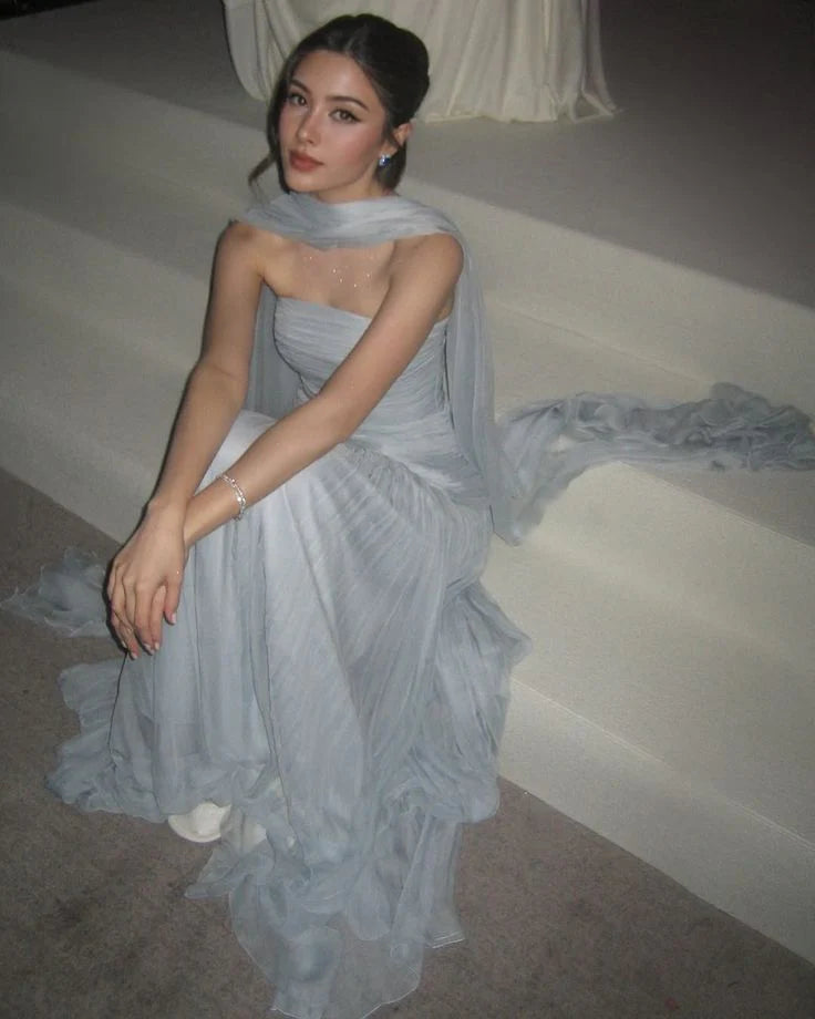 Elegant A-Line Strapless Pleated Tulle Blue Long Prom Dress Evening Dress