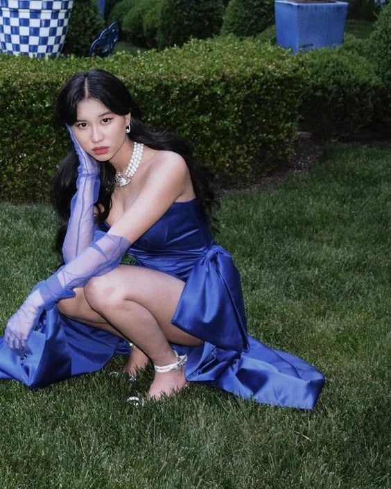 Elegant Strapless Bow Satin Royal Blue Prom Dress Party Dress With Slit