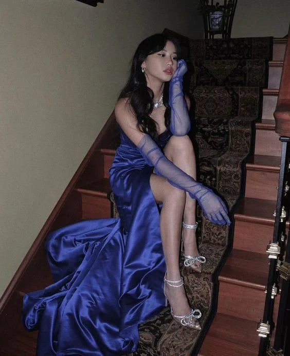 Elegant Strapless Bow Satin Royal Blue Prom Dress Party Dress With Slit
