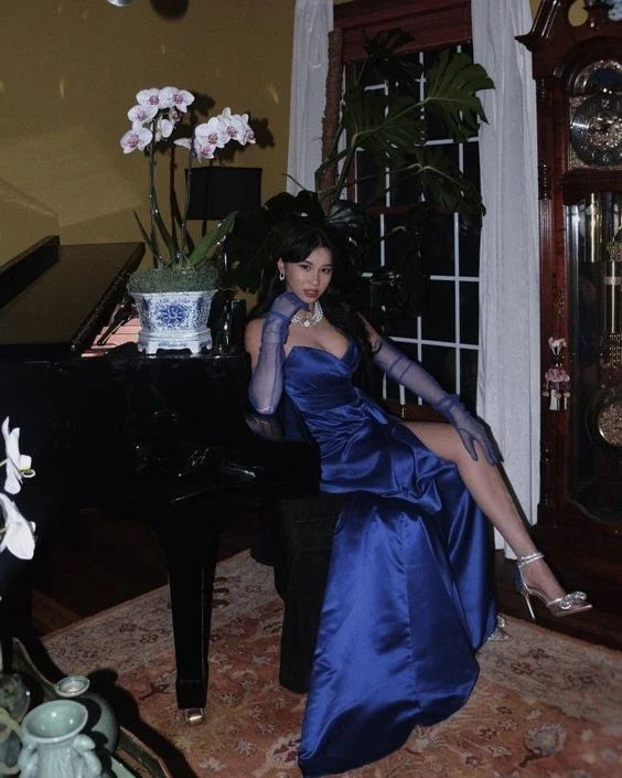 Elegant Strapless Bow Satin Royal Blue Prom Dress Party Dress With Slit
