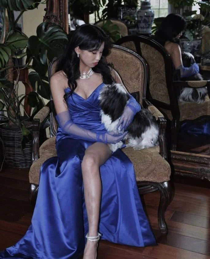 Elegant Strapless Bow Satin Royal Blue Prom Dress Party Dress With Slit