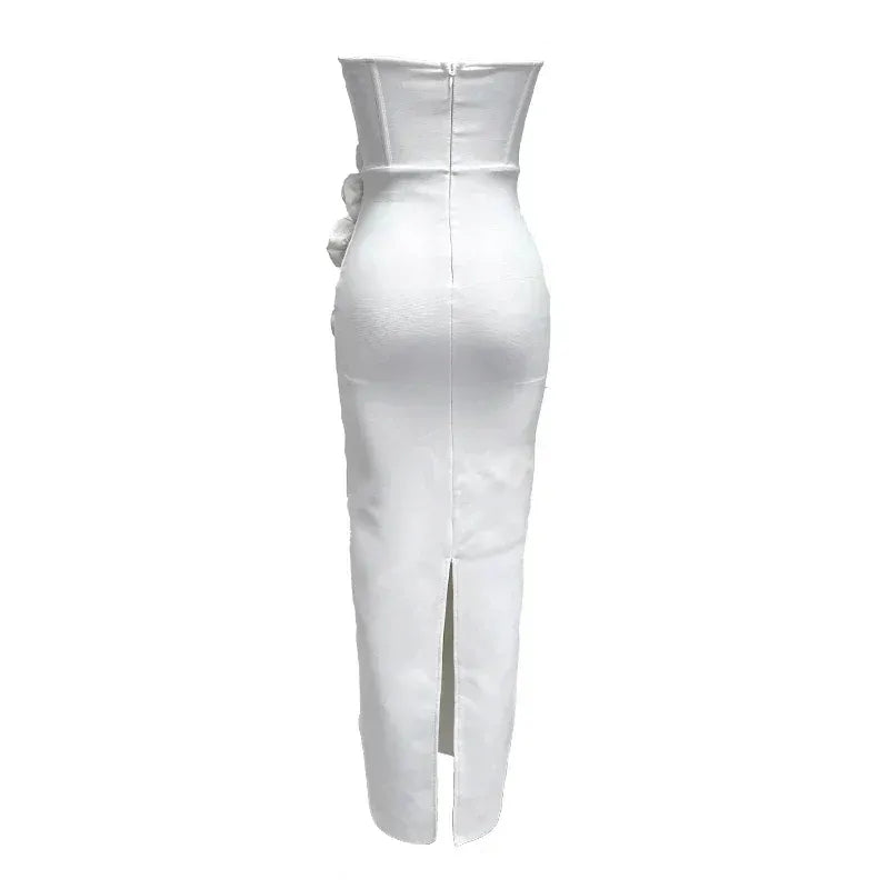 Elegant Strapless Corset 3D Floral Appliques White Midi Evening Dress With Back Slit