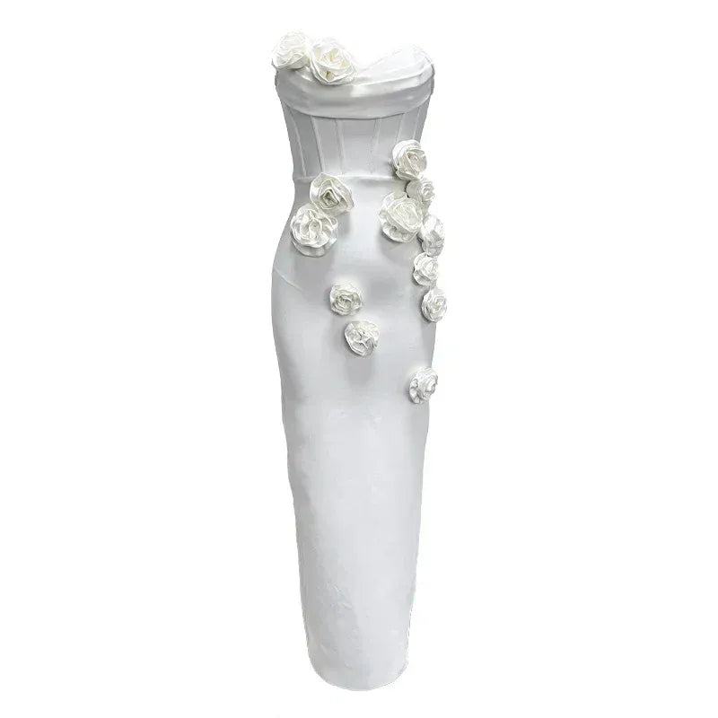 Elegant Strapless Corset 3D Floral Appliques White Midi Evening Dress With Back Slit