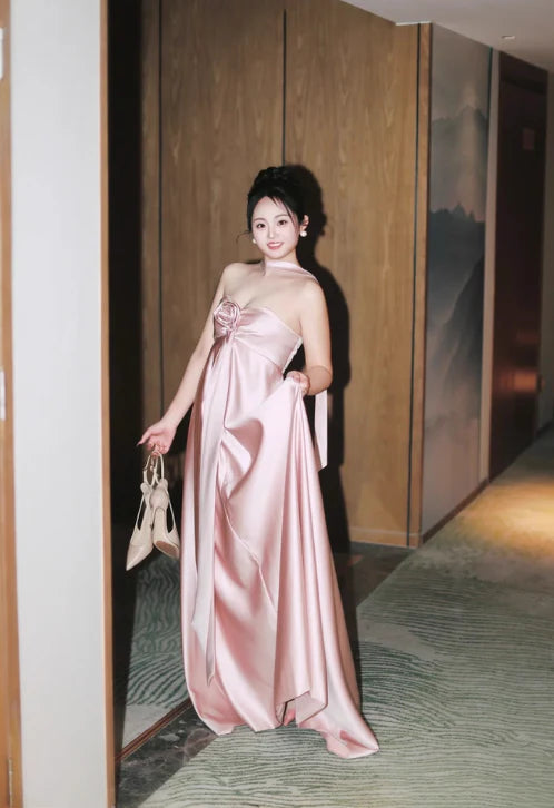 Elegant Strapless Flowers Satin Pink Long Evening Dress Wedding Guest Dress