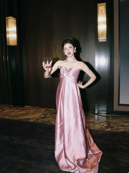 Elegant Strapless Flowers Satin Pink Long Evening Dress Wedding Guest Dress