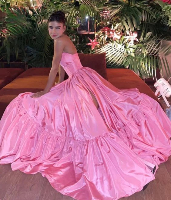 Elegant Strapless Pink Floor Length Prom Dress With High Slit